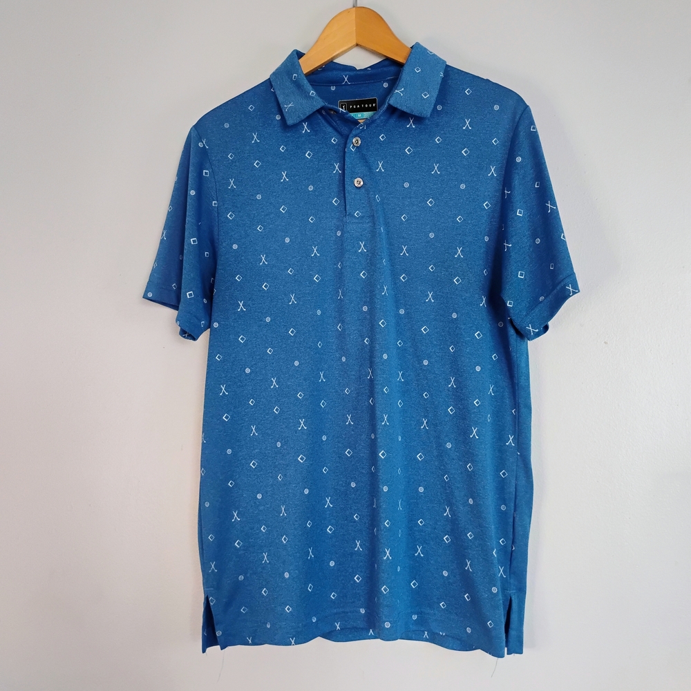 PGA Tour Blue Polo with White Accents Golf Print Size M- Performance Sporty Golf